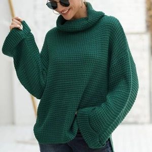 Waffle knit high neck drop shoulder sweater